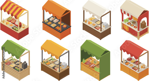 Isometric market stalls with street food stands vendor kiosks farmers market booths outdoor food retail vector illustration set