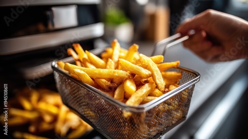 Golden french fries in a metal basket ready to serve