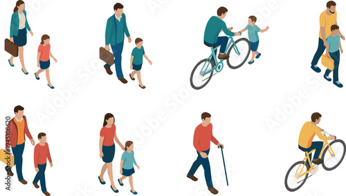 Isometric people characters set, parents with children walking cycling, family lifestyle activities, everyday urban life illustration collection