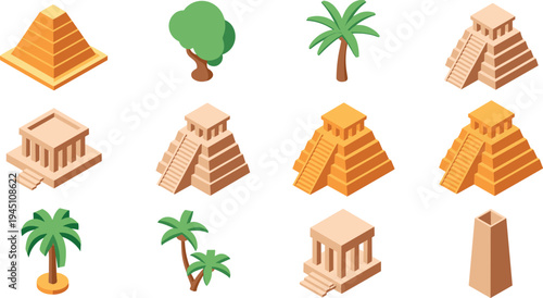 Isometric Mayan and Aztec pyramids temples with tropical trees ancient Mesoamerican architecture landmark icons vector illustration set