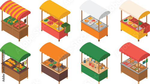 Isometric street market stalls selling fresh food drinks and snacks vendor booths outdoor retail marketplace vector illustration set