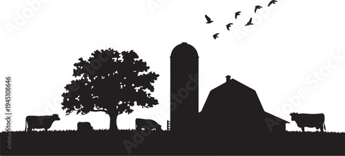 Black silhouette farm scene with cows barn silo tree and birds