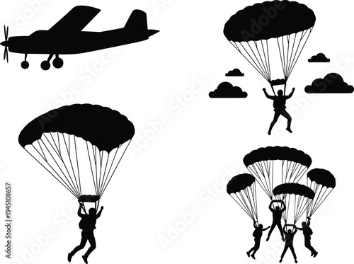 Paratroopers exiting an aircraft with parachutes in mid-air descent