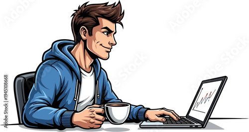 Focused young man in a blue hoodie analyzing data charts on a laptop with coffee