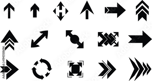 modern directional arrow icon set with navigation, expand, rotate and fast forward arrows for interface design and infographic elements