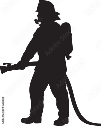 Black silhouette firefighter holding hose nozzle