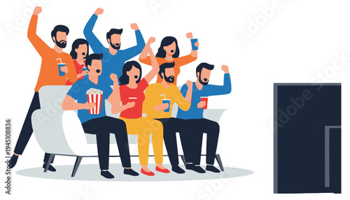 A group of people watching TV and celebrating with popcorn and drinks