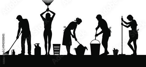 cleaning workers silhouettes set with janitor, maid and housekeeper sweeping, mopping and washing for housekeeping service illustration icons