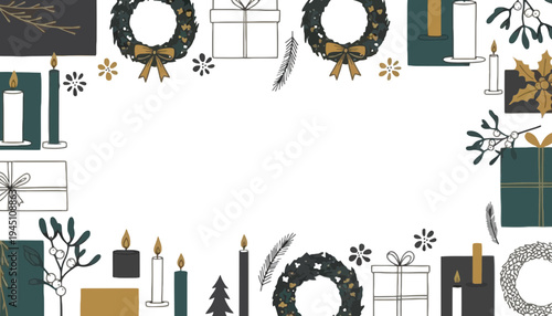 Christmas wreath vector illustration with gifts and candles on white background