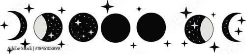 moon phases icon set with crescent, full moon and star symbols for night sky, astrology and celestial design