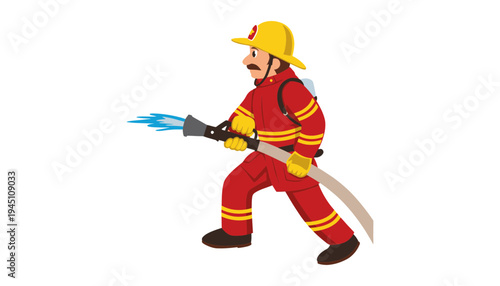 Firefighter cartoon character holding a firehose in a dynamic pose