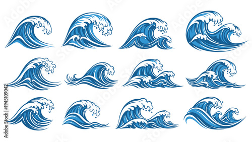 Comprehensive set of dynamic blue ocean wave illustrations in a modern flat style with white foam accents isolated on a white background.