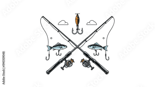 Nautical fishing illustration featuring crossed fishing rods with reels blue fish on hooks and a lure against cloud silhouettes on white.