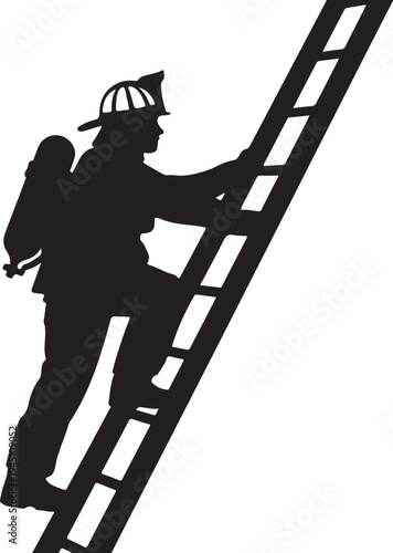 Black silhouette fireman climbing ladder firefighter
