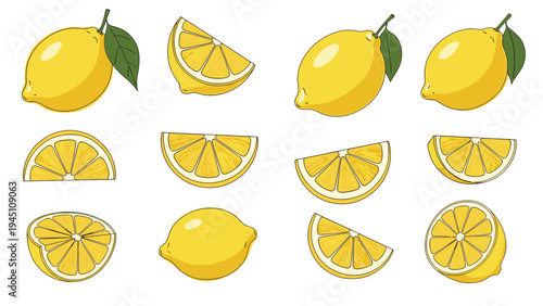 Diverse collection of lemon illustrations featuring whole fruits halves and slices with leaves in various artistic styles on white background.