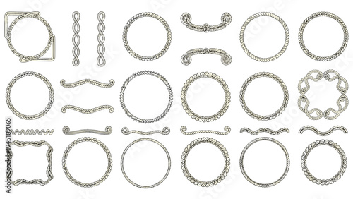 Large collection of various rope based frames borders and decorative dividers in a vintage hand drawn style isolated on white background.