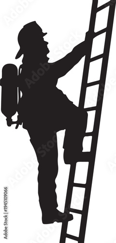 Black silhouette fireman climbing ladder with oxygen tank