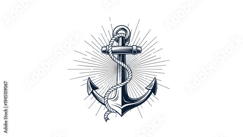 Elegant navy blue nautical anchor illustration with a rope and a radiating sunburst background isolated on a white background.