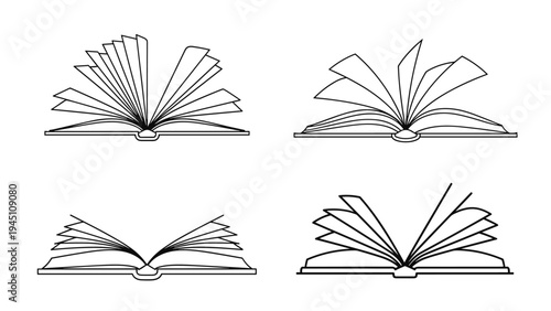Collection of four open book line art icons showing different angles and page positions for education and literacy concepts.