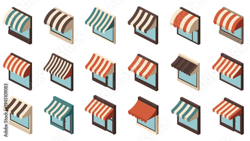 Assortment of colorful isometric store awnings and window shop canopies in various striped patterns for retail and boutique business.