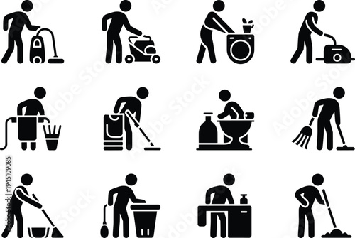 cleaning service icons set with vacuuming mopping laundry bathroom cleaning and housekeeping symbols black silhouette vector illustration collection