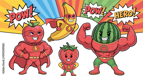 funny fruit superhero characters comic style illustration with apple banana strawberry and watermelon heroes promoting healthy food for kids