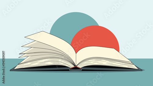Open book illustration with blank pages set against a creative background of large blue and red circular shapes for concepts.