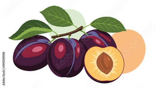 Fresh purple plums with green leaves shown in a cluster including a cross section revealing the seed and yellow fruit flesh inside.