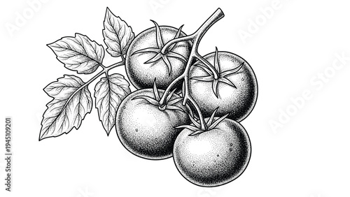 Detailed hand drawn botanical illustration of a branch of ripe tomatoes with leaves in a vintage stippled engraving style for food.