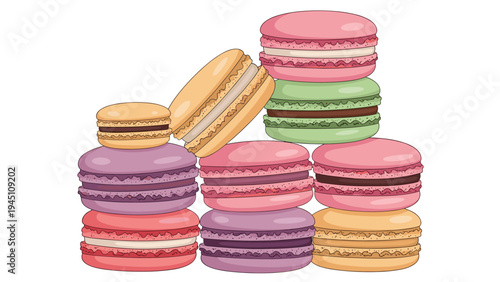 Delicious collection of colorful french macarons stacked together in various flavors including pink green and purple on white.