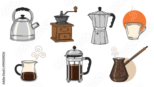 Set of various coffee preparation tools including a kettle grinder moka pot french press and cups on a white background for cafe.