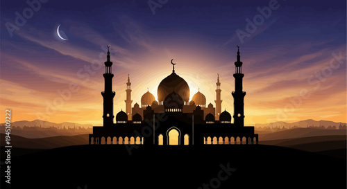 Islamic mosque silhouette standing under sunset sky