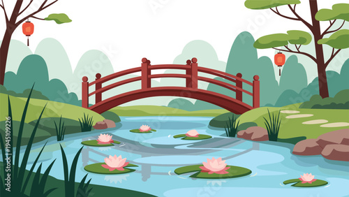Peaceful illustration of a traditional japanese garden with a red wooden bridge over a river with pink water lilies and lanterns.
