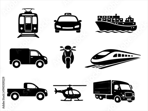 Set of Diverse Transportation Icons Depicting Various Modes of Travel and Vehicles
