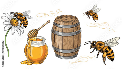 Vintage style honey production illustration featuring worker bees a wooden barrel a honey jar with dipper and a daisy flower on white.