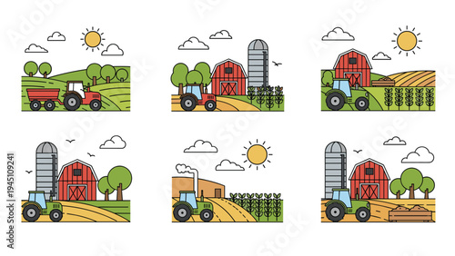 Collection of farm landscape illustrations featuring red barns silos green tractors and rolling fields under a bright sun for agriculture.