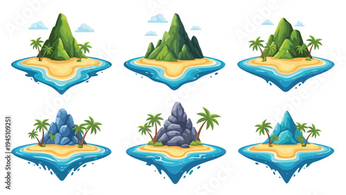 Set of various floating tropical islands with green mountains sandy beaches palm trees and blue ocean water isolated on white.