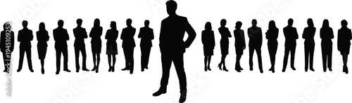 Silhouette of a confident businessman standing in front of a line of diverse professionals vector illustration