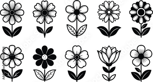 Set of 10 black flower icons vector