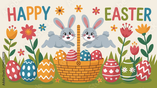 Two easter bunnies hide behind a basket of colorful eggs and flowers on a festive holiday background