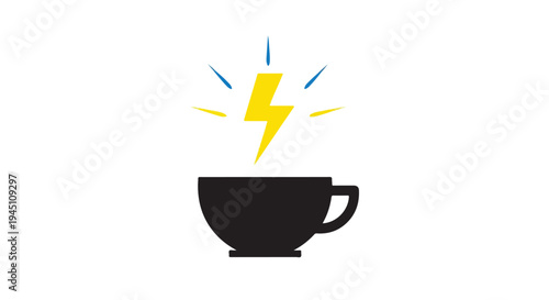 Minimalist Black Coffee Cup Icon with Yellow Lightning Bolt Symbol representing Caffeine Energy and Morning Boost