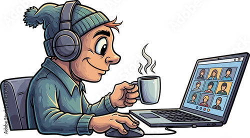 Man in beanie attending video conference with coffee