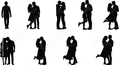 Diverse silhouettes of couples in various intimate dance and embrace poses