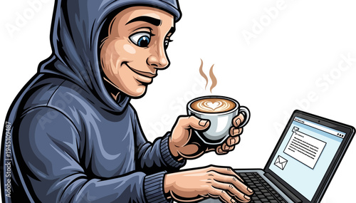 Man in hoodie drinking coffee while checking emails