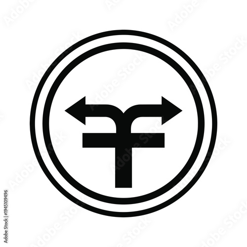 Symbol of diverging paths and choices inside a circular road sign indicating direction