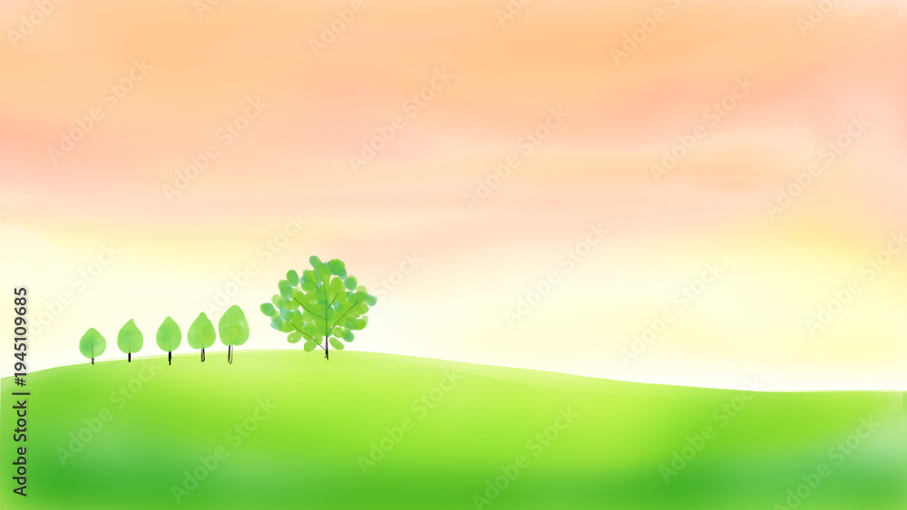 Fototapeta premium Minimal watercolor countryside landscape with trees and pastel sky background