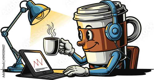 Musical coffee mascot analyzing data on tablet