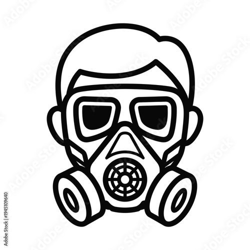 Stylized illustration of a person wearing a protective gas mask with large eye lenses and side filters isolated on transparent background