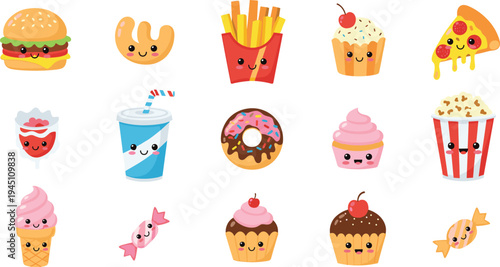 Cute Kawaii Fast Food and Dessert Cartoon Icon Set with Burger Fries Pizza Donut Cupcake Ice Cream Candy and Snack Characters