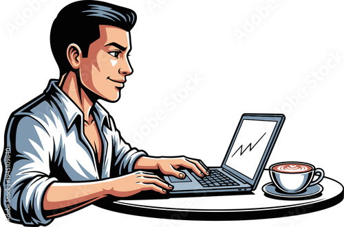 Professional male working on laptop at cafe table